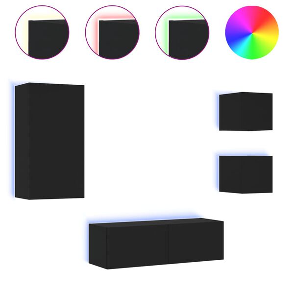 vidaXL Mobili TV a Muro 4pz con Luci LED Neri