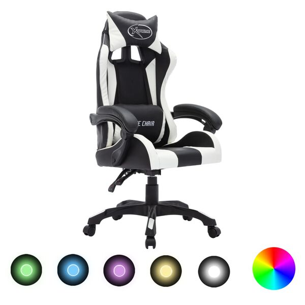 vidaXL Sedia da Gaming con Luci a LED RGB Bianca e Nera in Similpelle