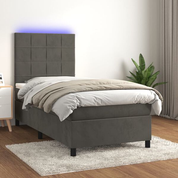 vidaXL Letto a Molle con Materasso e LED Grigio Scuro 90x190cm Velluto