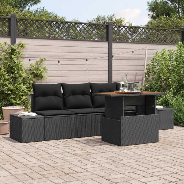 vidaXL Set Divano da Giardino con archiviazione 5 pcs Nero Poly Rattan