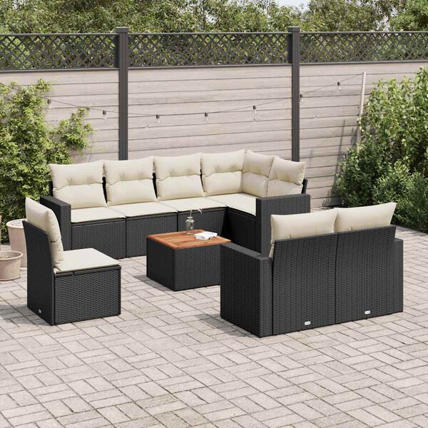 vidaXL Set Divani da Giardino 9 pz con Cuscini Nero in Polyrattan