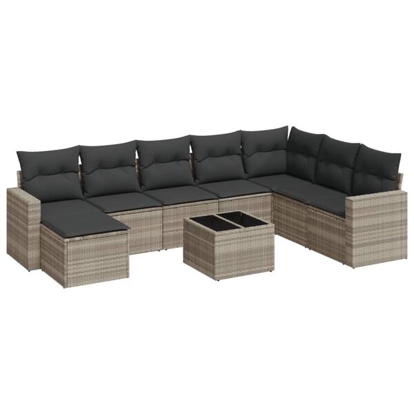 vidaXL Set Divano da Giardino 9pz con Cuscini Grigio Chiaro Polyrattan
