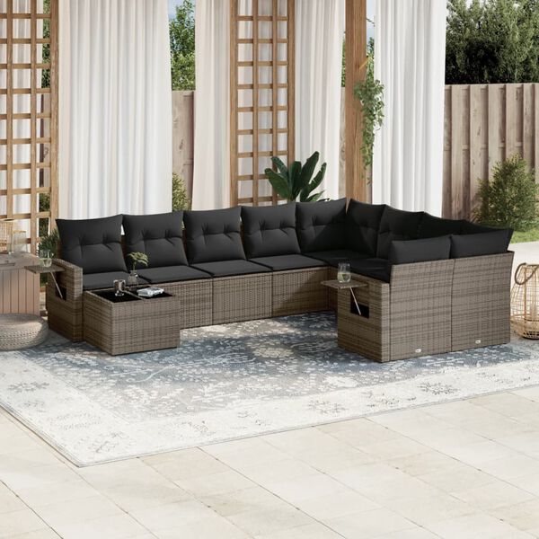 vidaXL Set Divano da Giardino 10 pz con Cuscini Grigio in Polyrattan