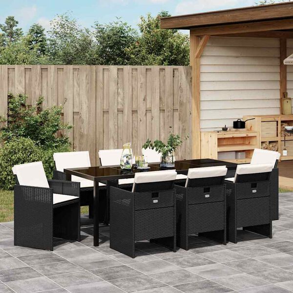 vidaXL Set da Pranzo per Giardino con cuscino 9 pcs Nero polyrattan