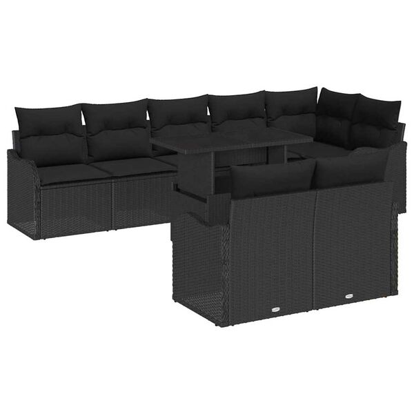 vidaXL Set di relax con cuscino 9 pcs Nero Poly Rattan