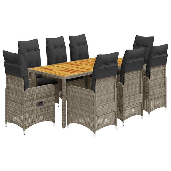 vidaXL Set Bistr&ograve; da Giardino 9 pz con Cuscini in Polyrattan Grigio