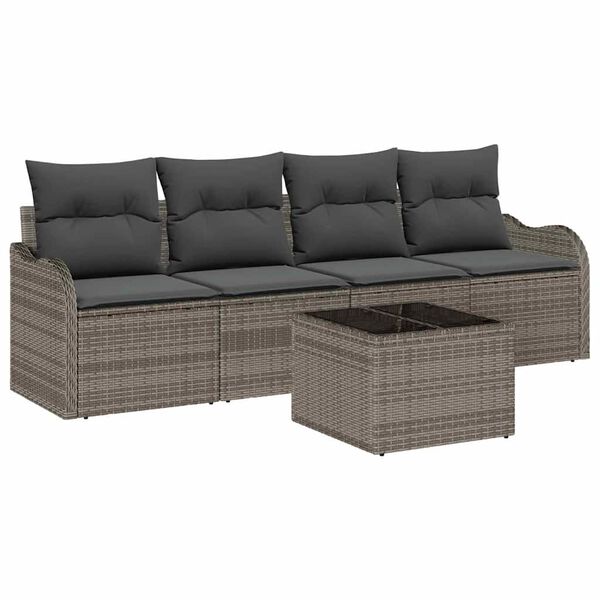 vidaXL Set Divano da Giardino 5 pcs Grigio Polyrattan, Acciaio e Vetro