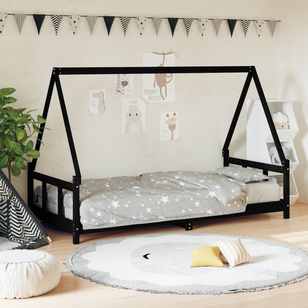 vidaXL Giroletto per Bambini Nero 90x190 cm in Legno Massello di Pino