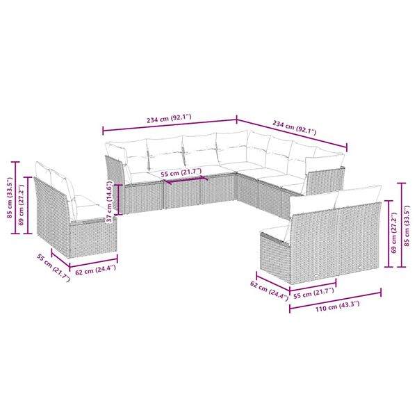 vidaXL Set Divani da Giardino 11 pz con Cuscini in Polyrattan Grigio