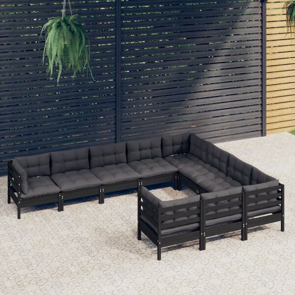 vidaXL Set Divani da Giardino 10 pz con Cuscini Neri Massello di Pino