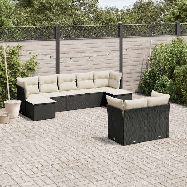 vidaXL Set Divani da Giardino 9 pz con Cuscini Nero in Polyrattan