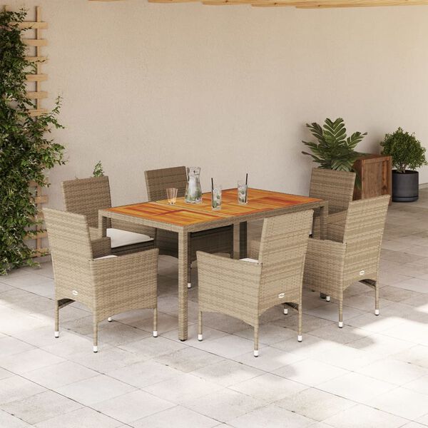 vidaXL Set Pranzo da Giardino 7 pz con Cuscini Beige Polyrattan Acacia