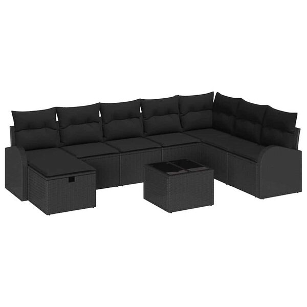 vidaXL Set Divano da Giardino con cuscino 9 pcs Nero Poly Rattan