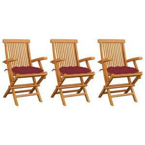 vidaXL Sedie pieghevoli con cuscini color rosso vino, 3 pezzi, in legno massello di teak.