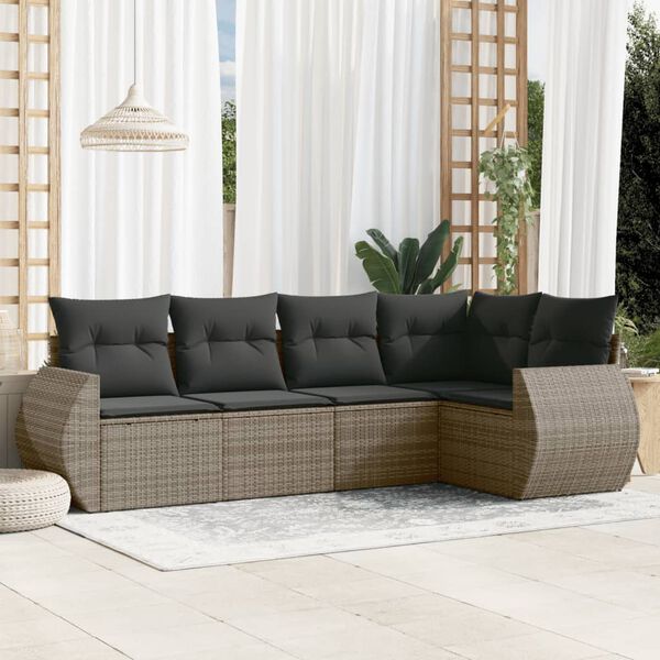 vidaXL Set Divano da Giardino 5 pz con Cuscini Grigio in Polyrattan