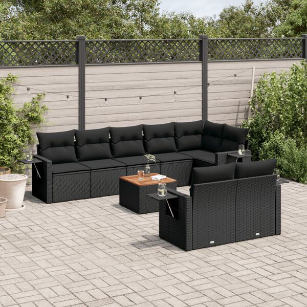 vidaXL Set Divani da Giardino 9 pz con Cuscini Nero in Polyrattan