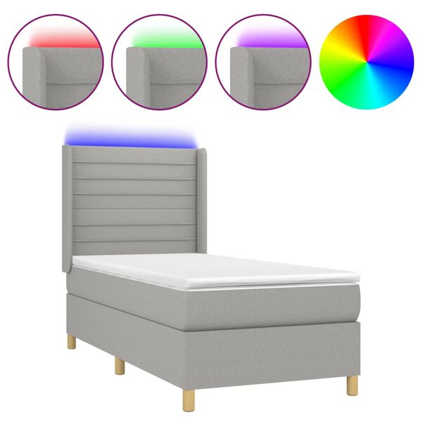 vidaXL Letto a Molle Materasso e LED Grigio Chiaro 90x200 cm Tessuto