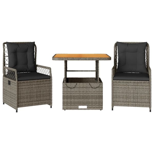 vidaXL Set da Pranzo da Giardino 3 pz con Cuscini in Polyrattan Grigio