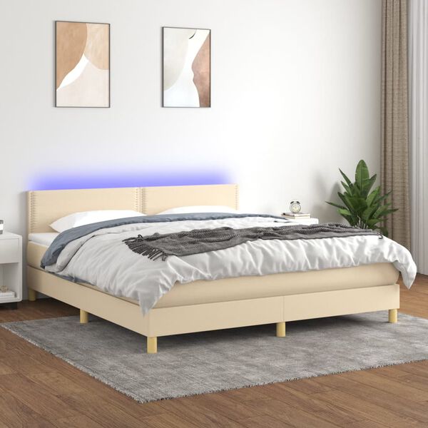 vidaXL Letto a Molle con Materasso e LED Crema 180x200 cm in Tessuto