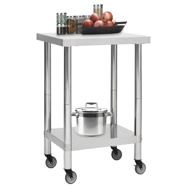 vidaXL Tavolo da Lavoro Cucina con Ruote 60x60x85 cm in Acciaio Inox