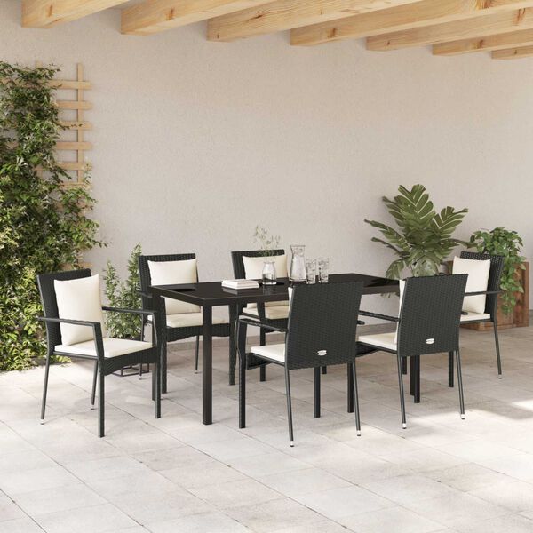 vidaXL Set da Pranzo per Giardino con cuscino 7 pcs Nero polyrattan