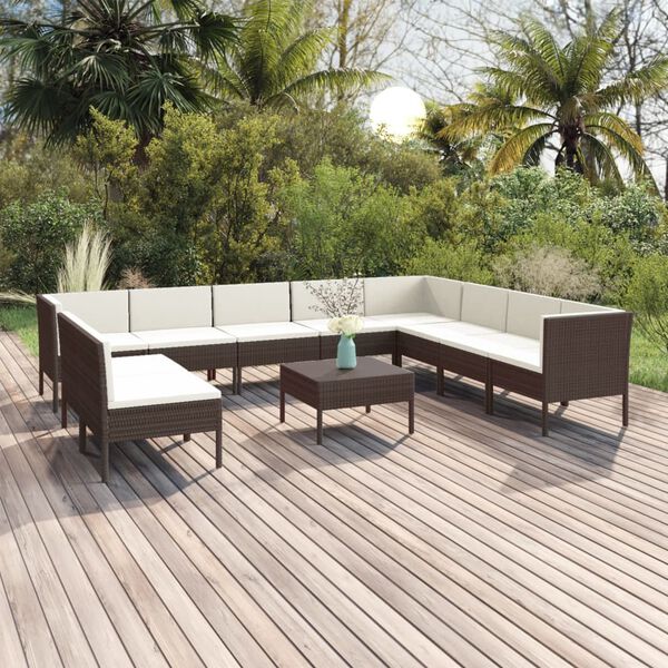 vidaXL Set Divani da Giardino 11 pz con Cuscini in Polyrattan Marrone
