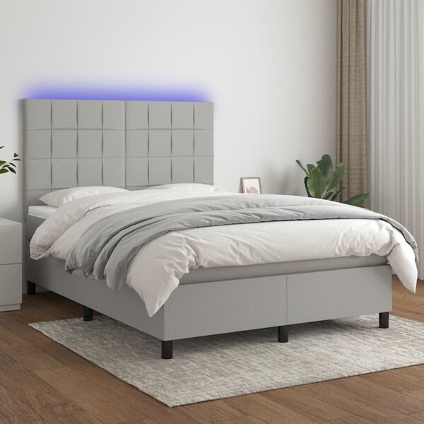 vidaXL Letto a Molle Materasso e LED Grigio Chiaro 140x190 cm Tessuto