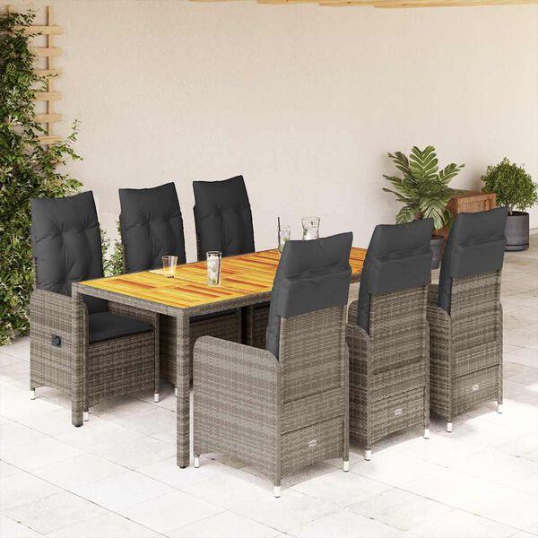 vidaXL Set Bistr&ograve; da Giardino 7 pz con Cuscini in Polyrattan Grigio