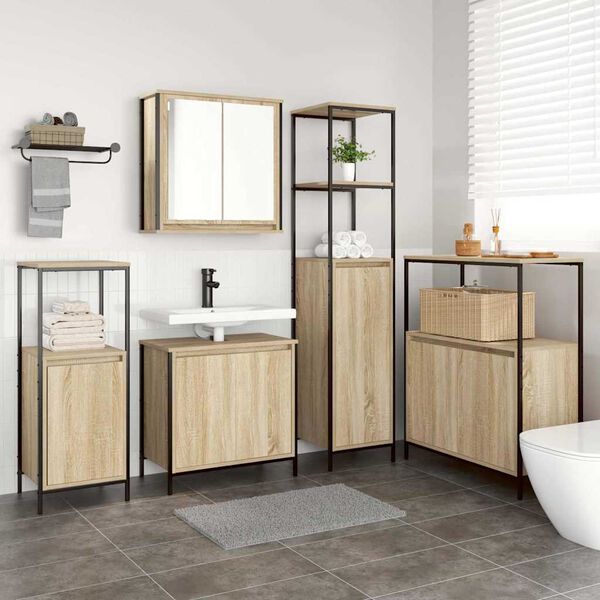 vidaXL Set di mobili per il bagno con porta 5 pcs Rovere Sonoma e Nero