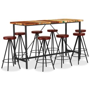vidaXL Set per Bar 9 pz in Legno Massello di Recupero e Vera Pelle