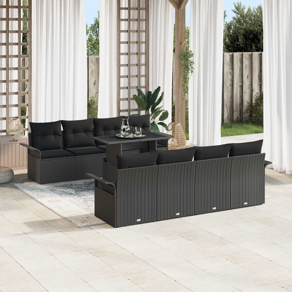 vidaXL Set Divano da Giardino con cuscino 9 pcs Nero polyrattan