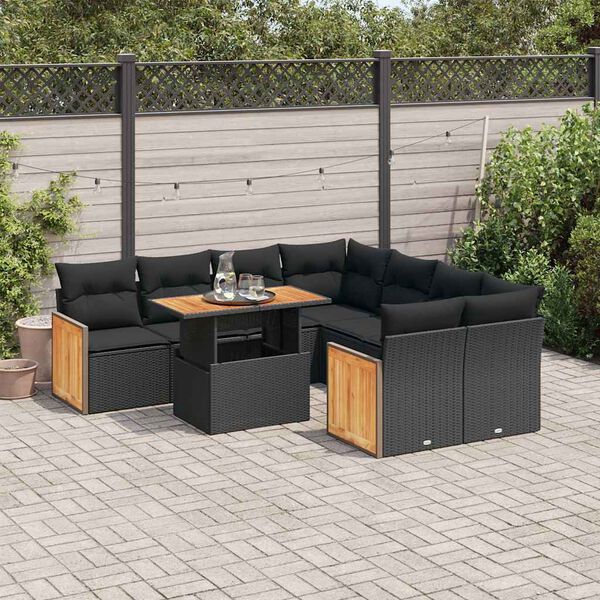 vidaXL Set Divani da Giardino 9 pz con Cuscini Nero Polyrattan Acacia