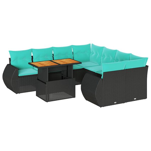 vidaXL Set Divani da Giardino 9 pz con Cuscini Nero in Polyrattan