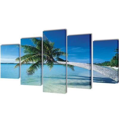5 pz Set Stampa su Tela da Muro Spiaggia con Palma 200 x 100 cm