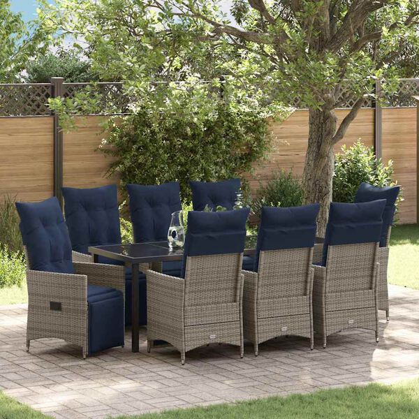 vidaXL Set di tavolo e sedie con cuscino 9 pcs Grigio Rattan in PE