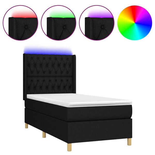 vidaXL Letto a Molle con Materasso e LED Nero 90x190 cm in Tessuto