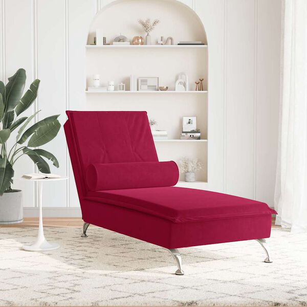 vidaXL Chaise Longue Massaggi con Cuscino a Rullo Rosso Vino Velluto