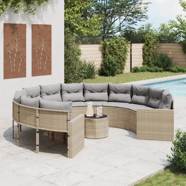 vidaXL Divano Giardino con Tavolo e Cuscini Circolare Beige Polyrattan