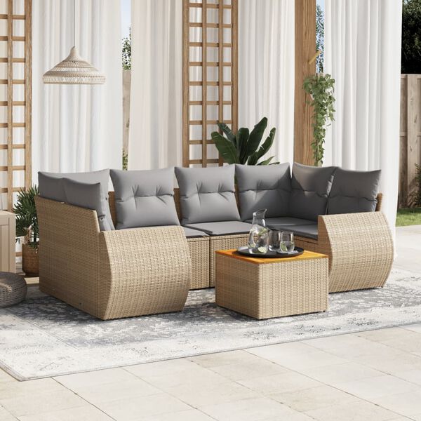 vidaXL Set Divani da Giardino 7 pz con Cuscini Beige in Polyrattan