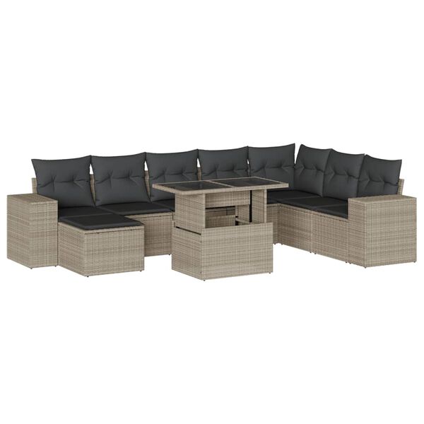 vidaXL Set Divano da Giardino 9pz con Cuscini Grigio Chiaro Polyrattan