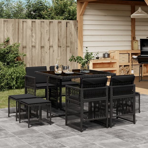 vidaXL Set da Pranzo da Giardino 9 pz con Cuscini Nero in Polyrattan