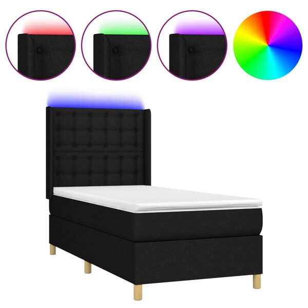 vidaXL Letto a Molle con Materasso e LED Nero 90x200 cm in Tessuto