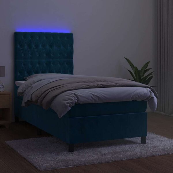 vidaXL Letto a Molle con Materasso e LED Blu Scuro 90x190cm in Velluto