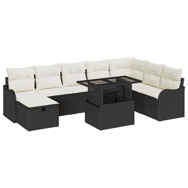 vidaXL Set Divano da Giardino con cuscino 9 pcs Nero Poly Rattan