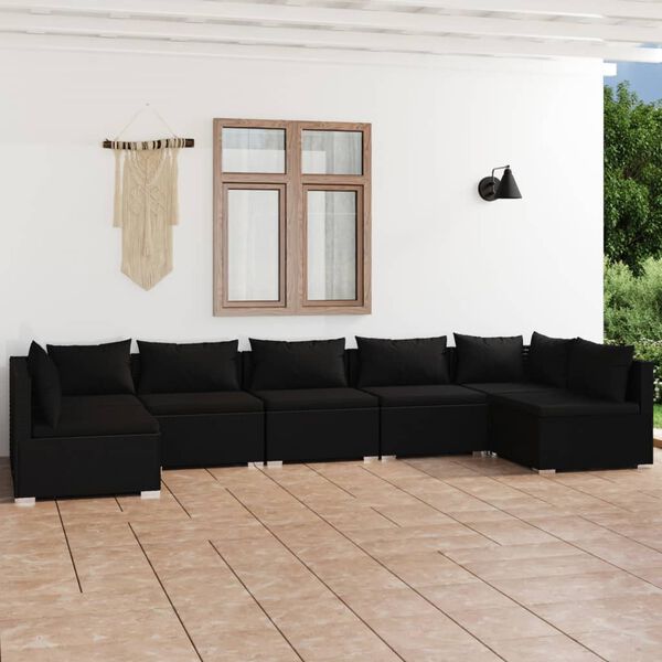 vidaXL Set Divani da Giardino 7 pz con Cuscini in Polyrattan Nero