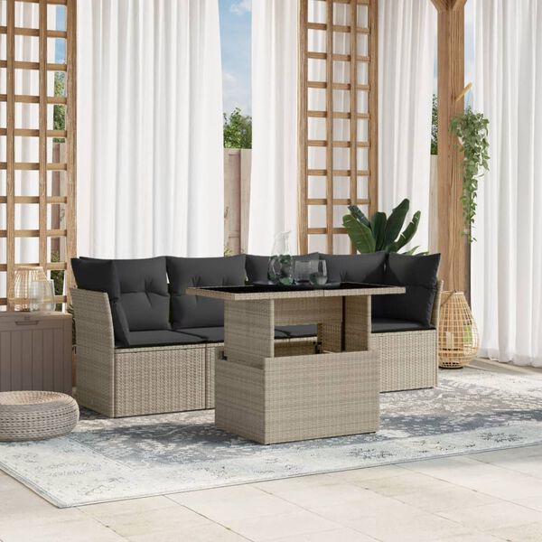 vidaXL Set Divano da Giardino 5pz con Cuscini Grigio Chiaro Polyrattan