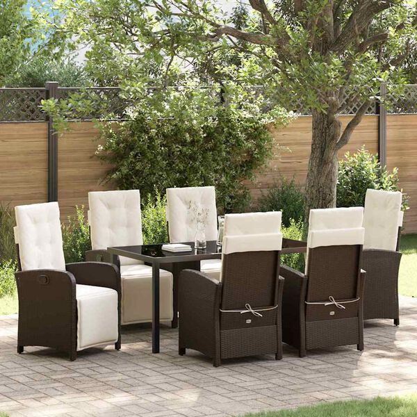 vidaXL Set da Pranzo per Giardino con cuscino 7 pcs Marrone polyrattan