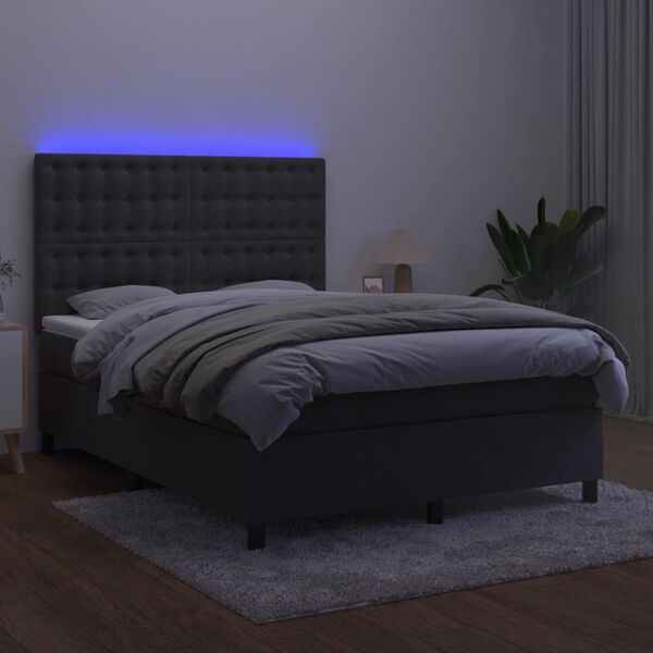 vidaXL Letto a Molle con Materasso e LED Grigio Scuro 140x200 cm