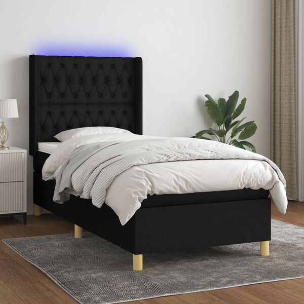 vidaXL Letto a Molle con Materasso e LED Nero 90x190 cm in Tessuto