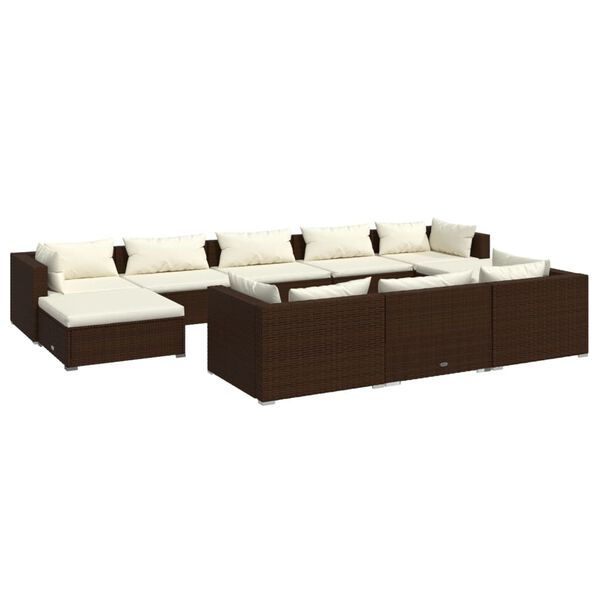 vidaXL Set Divani da Giardino 10 pz con Cuscini in Polyrattan Marrone